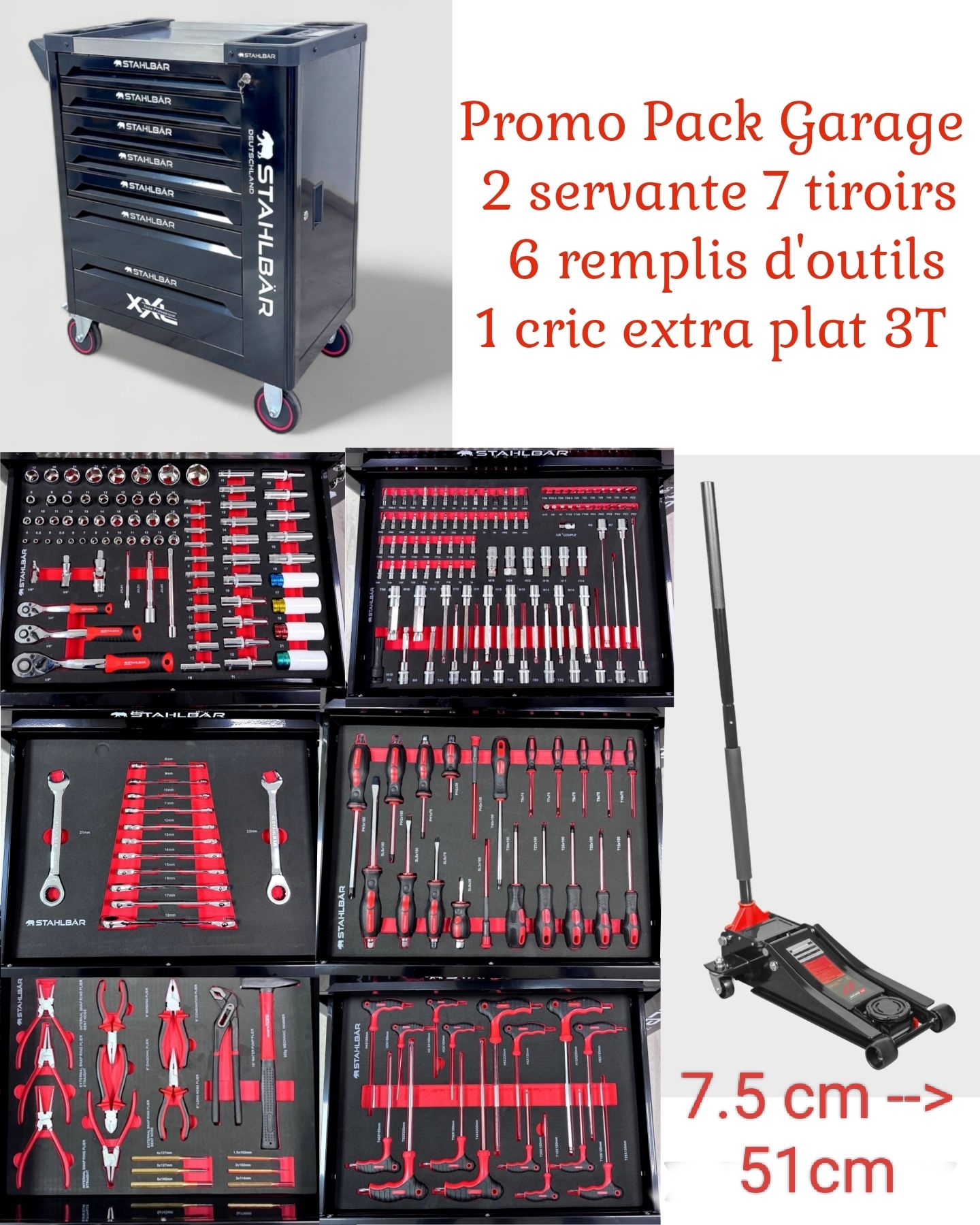 Pack Garage 2 Servantes Stahlbar 7 tiroirs 6 remplis + 1 cric extra plat Dstoolpro 3 Tonnes