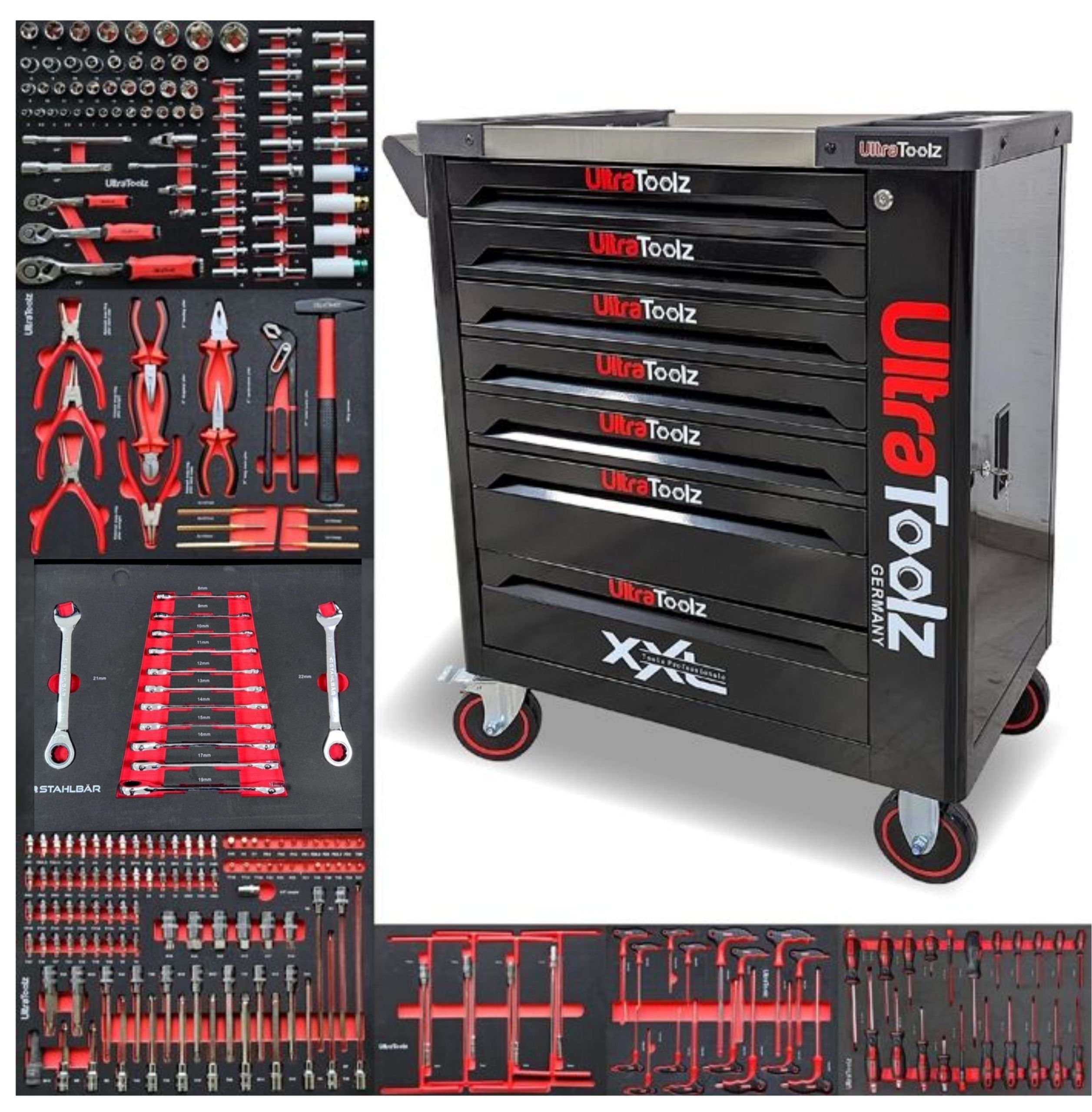 Servante Atelier UltraToolz 7 tiroirs 7 remplis d&rsquo;outils + placard latéral de rangement