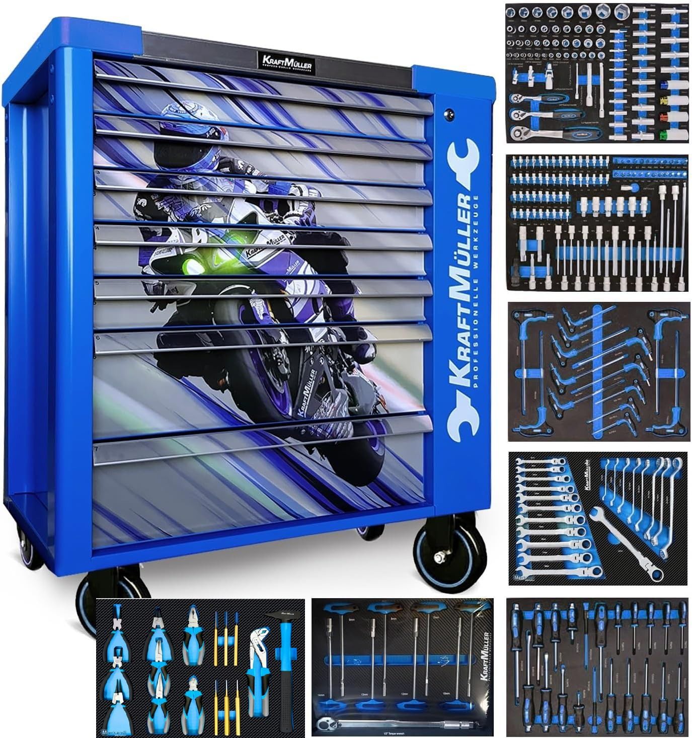 Servante a Outils D’Atelier Kraftmuller 7 tiroirs 7 remplis Racing Moto + placard latéral de rangement