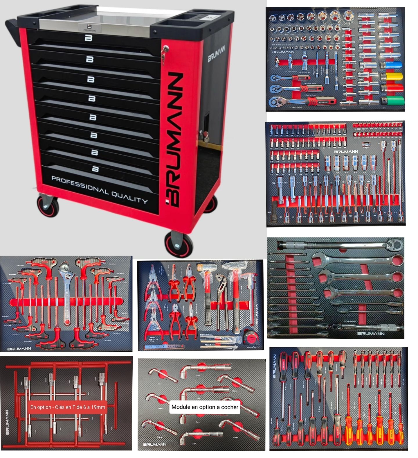Servante Atelier Brumann 8 tiroirs 6 remplis d’outils  + placard latéral + 2 clés dynamométrique – Rouge